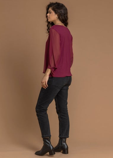 Roman Wine Necklace Trim Jersey 3/4 Sleeve Chiffon Top
