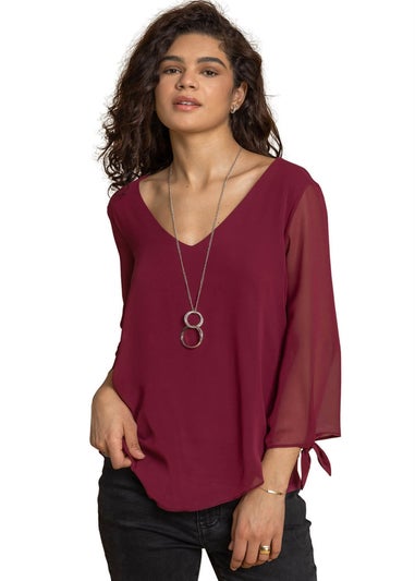 Roman Wine Necklace Trim Jersey 3/4 Sleeve Chiffon Top
