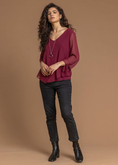 Roman Wine Necklace Trim Jersey 3/4 Sleeve Chiffon Top