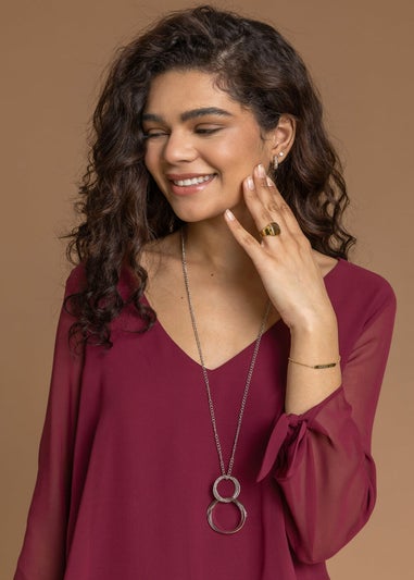 Roman Wine Necklace Trim Jersey 3/4 Sleeve Chiffon Top