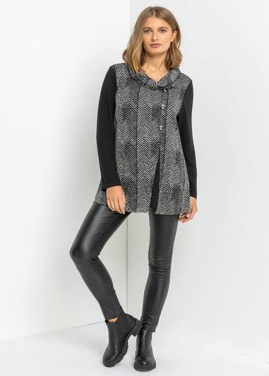 Roman Black Zig Zag Cowl Neck Button Top