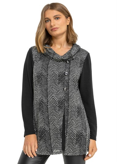 Roman Black Zig Zag Cowl Neck Button Top