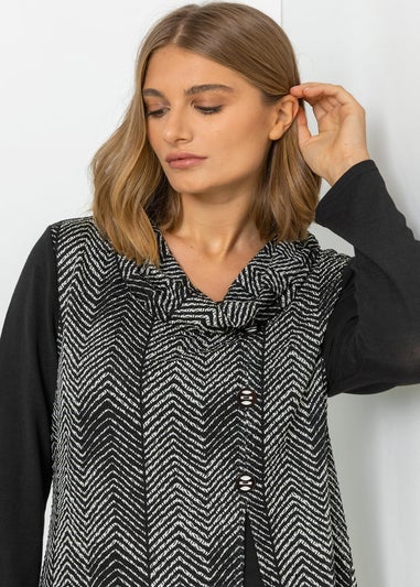 Roman Black Zig Zag Cowl Neck Button Top