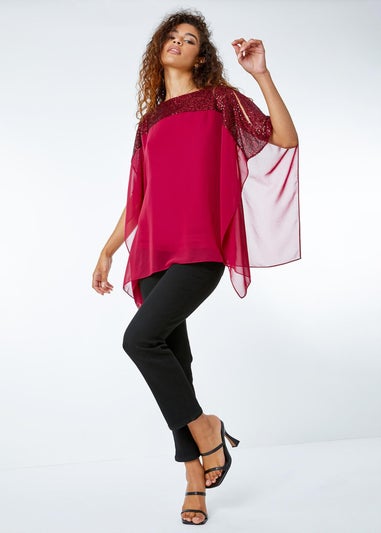 Roman Port Sequin Embellished Chiffon Overlay Top