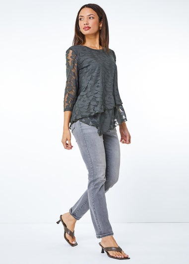 Roman Khaki Burnout Leaf Asymmetric Stretch Top