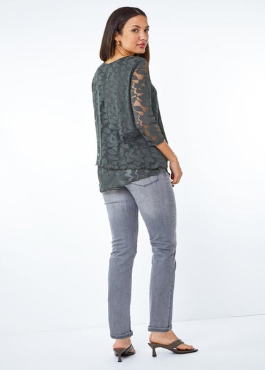 Roman Khaki Burnout Leaf Asymmetric Stretch Top