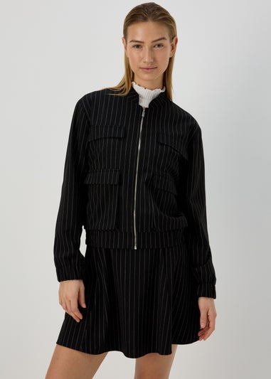 Black Pinstripe Bomber Jacket