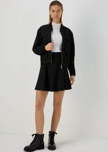 Black Pinstripe Bomber Jacket