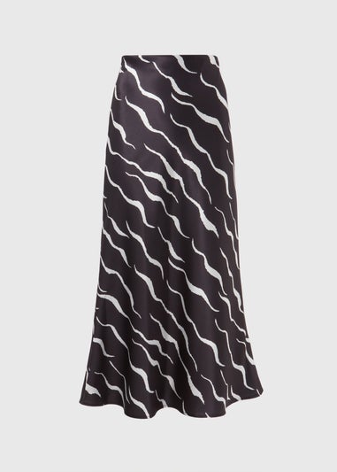 Black Printed Satin Midi Skirt