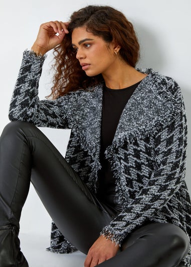 Roman Black Houndstooth Fringed Cardigan