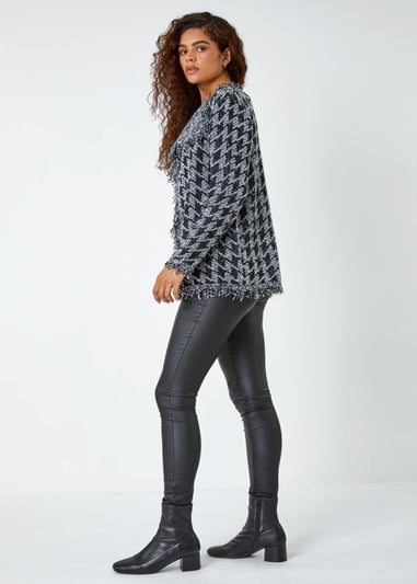 Roman Black Houndstooth Fringed Cardigan