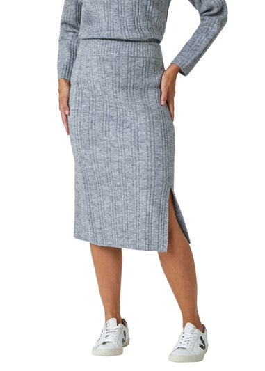 Roman Grey Ribbed Side Split Knit Pencil Skirt