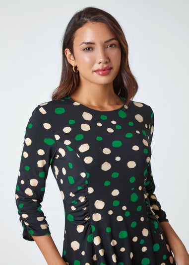 Roman Green Spot Print Gathered Stretch Dress