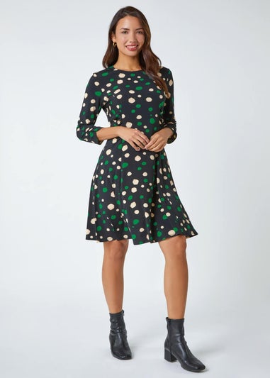 Roman Green Spot Print Gathered Stretch Dress