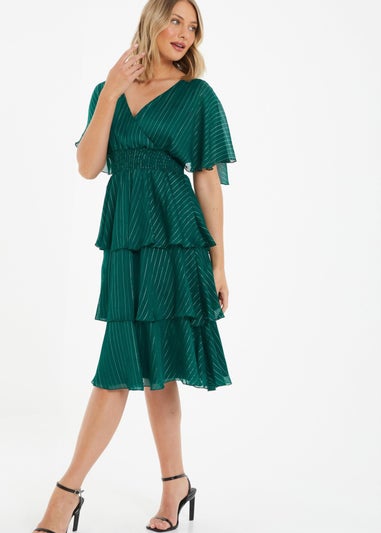 Quiz Green Glitter Chiffon Tiered Midi Dress