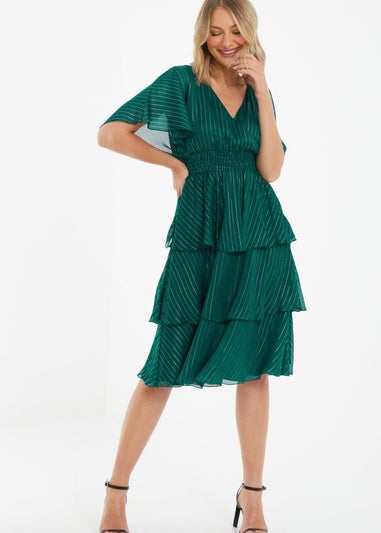 Quiz Green Glitter Chiffon Tiered Midi Dress