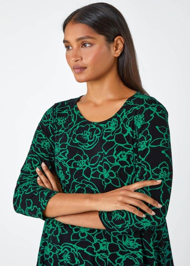 Roman Green Floral Print Hanky Hem Stretch Tunic Top