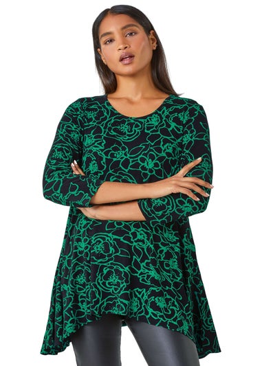 Roman Green Floral Print Hanky Hem Stretch Tunic Top