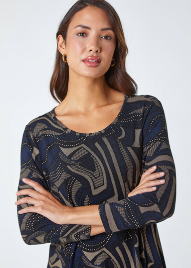 Roman Taupe Swirl Print Hanky Hem Stretch Top