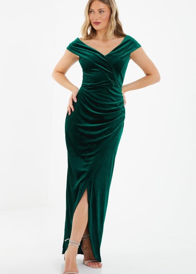 Quiz Green Velvet Ruched Maxi Dress
