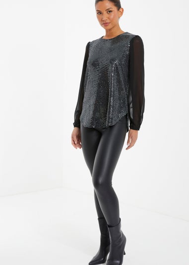 Quiz Black Sequin Chiffon Top