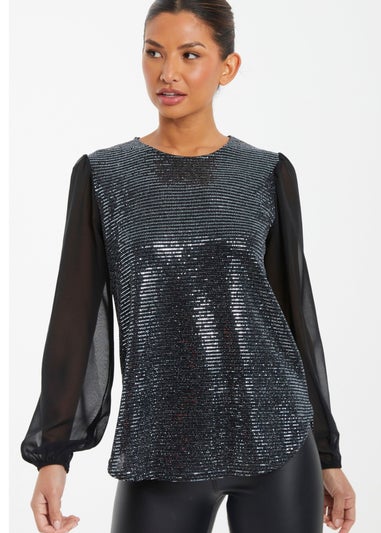 Quiz Black Sequin Chiffon Top