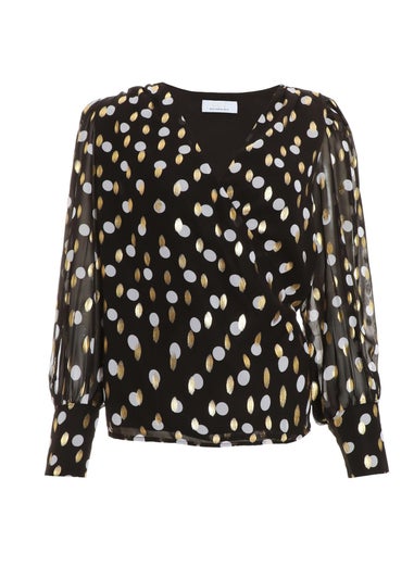 Quiz Black Polka Dot Foil Wrap Top