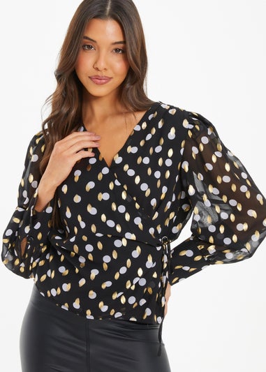 Quiz Black Polka Dot Foil Wrap Top