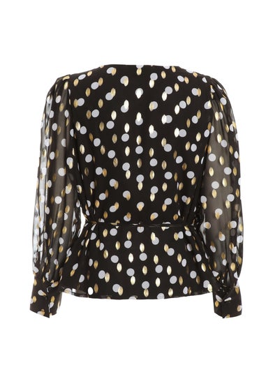 Quiz Black Polka Dot Foil Wrap Top