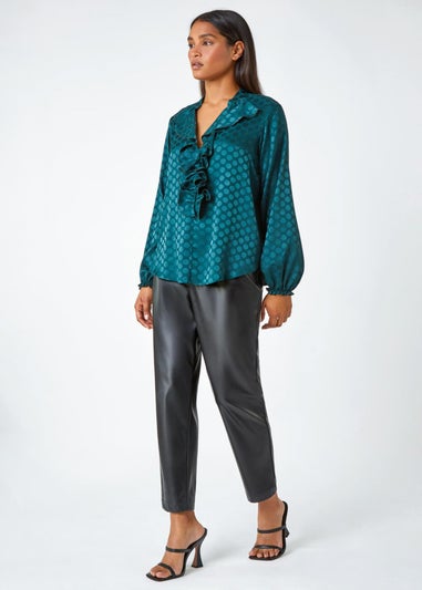 Roman Forest Spot Print Ruffle Trim Stretch Top