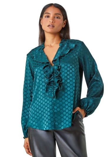 Roman Forest Spot Print Ruffle Trim Stretch Top