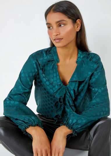 Roman Forest Spot Print Ruffle Trim Stretch Top