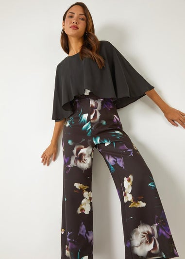 Roman Black Floral Cape Detail Wide Leg Jumpsuit