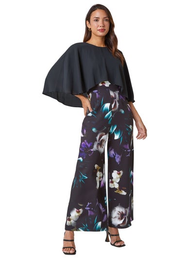 Roman Black Floral Cape Detail Wide Leg Jumpsuit