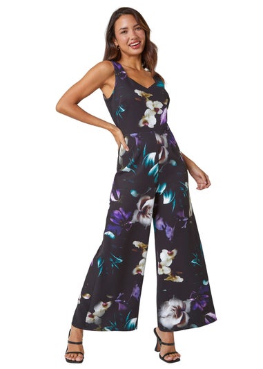 Roman Black Floral Cape Detail Wide Leg Jumpsuit