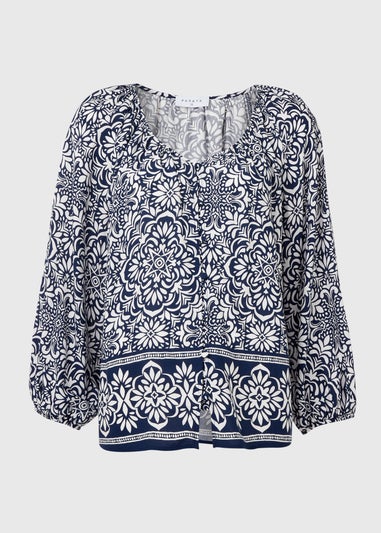 Navy Printed Button Down Blouse
