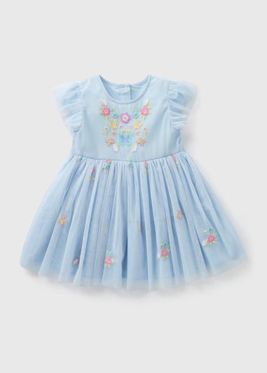 Girls Blue Embroidered Mesh Dress (1-7yrs)