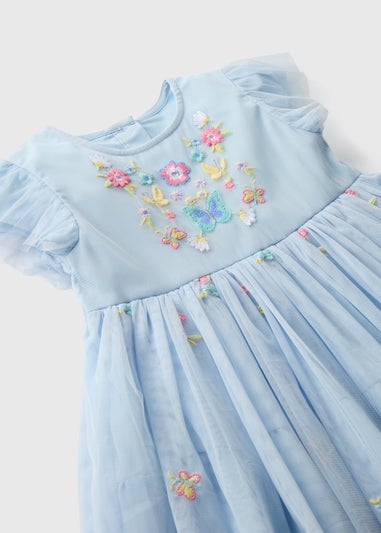 Girls Blue Embroidered Mesh Dress (1-7yrs)