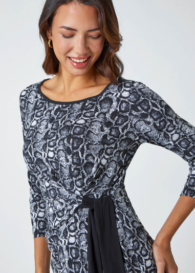 Roman Black Animal Print Side Tie Stretch Top