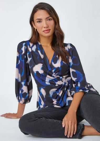 Roman Blue Abstract Print Ring Detail Wrap Top