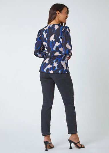 Roman Blue Abstract Print Ring Detail Wrap Top