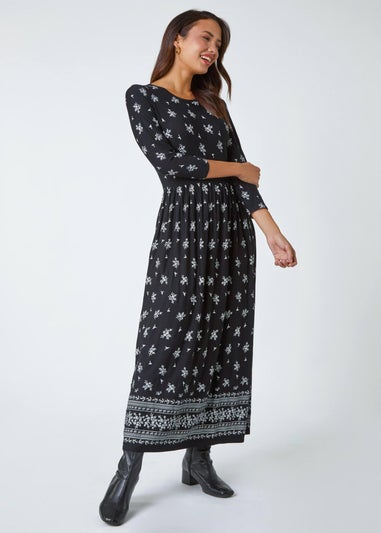 Roman Black Floral Border Print Maxi Stretch Dress