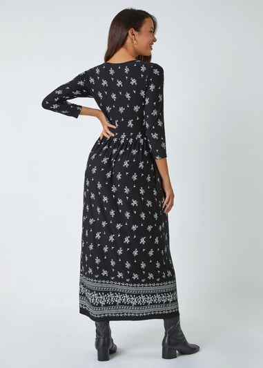 Roman Black Floral Border Print Maxi Stretch Dress