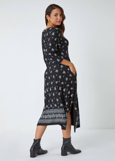 Roman Black Ditsy Border Print Midi Stretch Dress