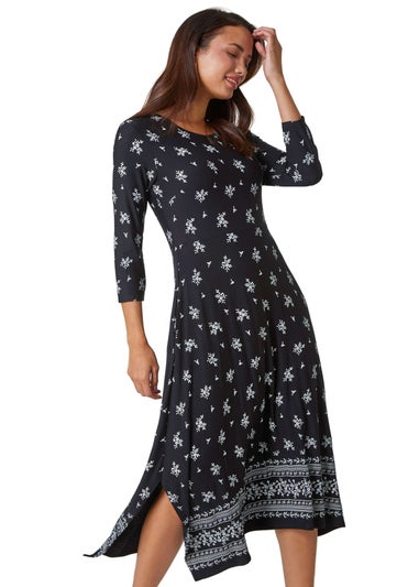 Roman Black Ditsy Border Print Midi Stretch Dress