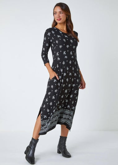 Roman Black Ditsy Border Print Midi Stretch Dress