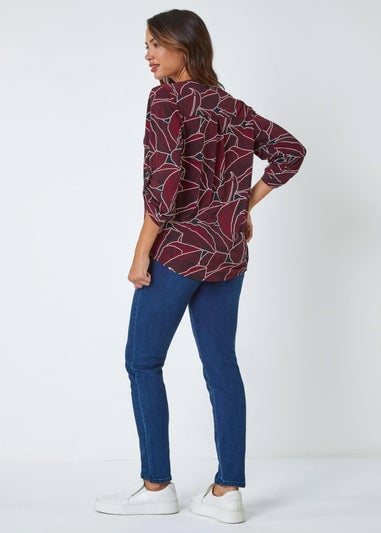 Roman Red Textured Leaf Stretch Jersey Top