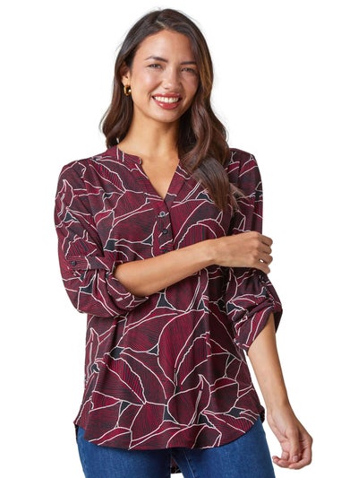 Roman Red Textured Leaf Stretch Jersey Top