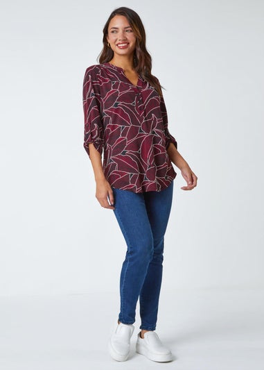 Roman Red Textured Leaf Stretch Jersey Top