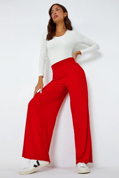 Roman Red Elastic Waist Wide Leg Stretch Trousers